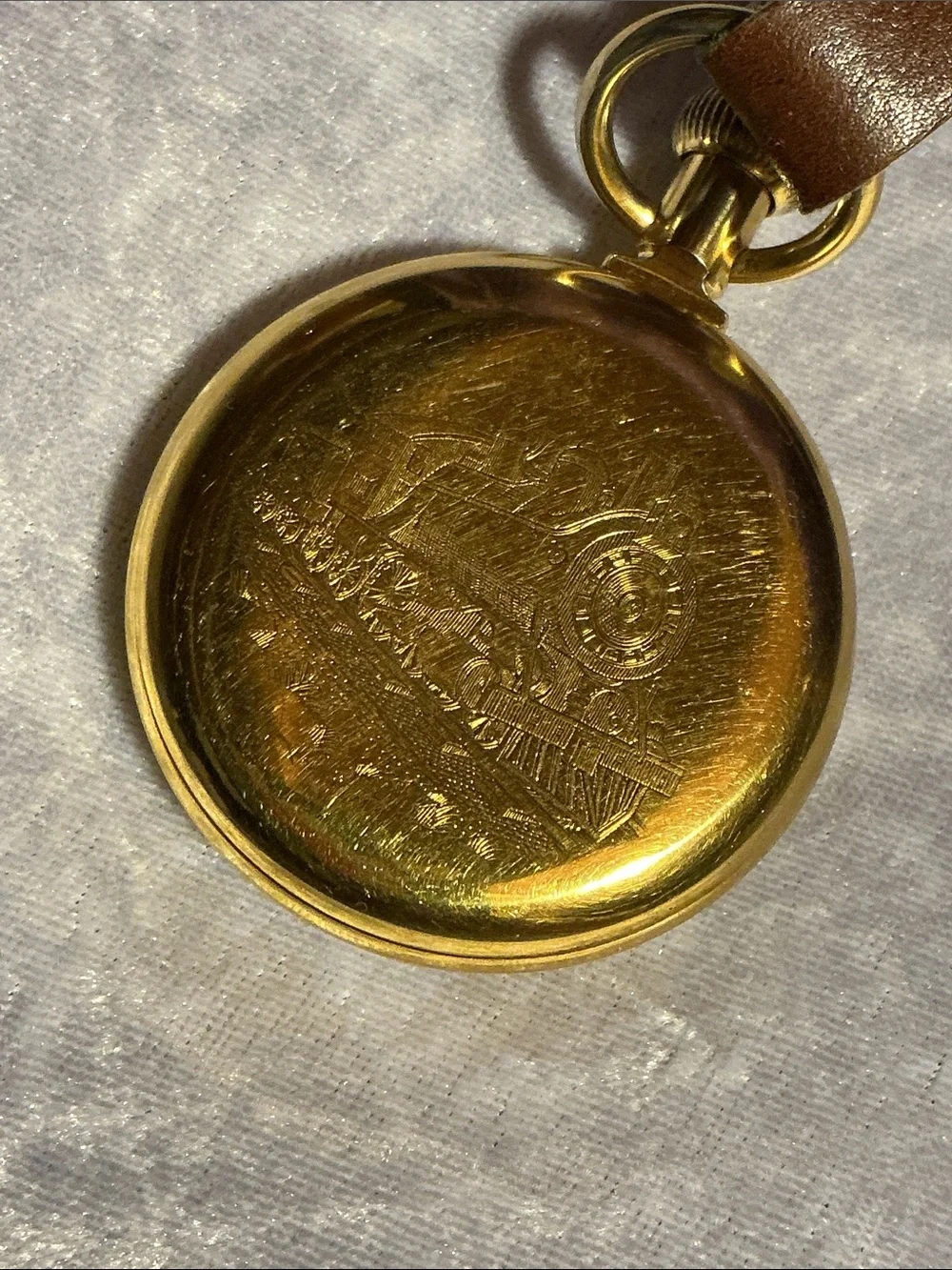 Goldtone Train Pocket Watch with Brown Leather Strap & Fob